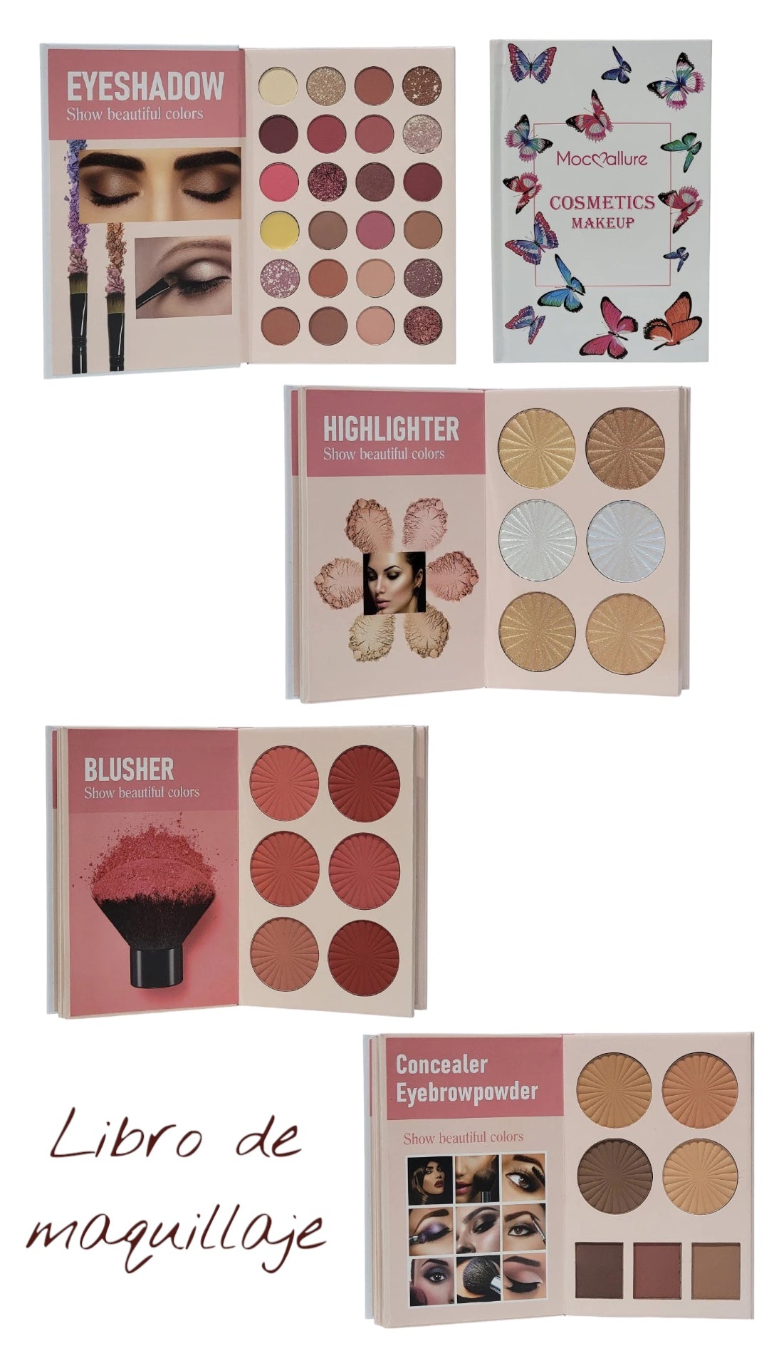 SOMBRA DE OJOS EN PALETA, LIBRO DE MAQUILLAJE SOMBRA DE OJOS, RESALTADOR, BLUSH, POLVO, CORRECTOR CEJAS MOC ALLURE COSMETICS MAKEUP 60G