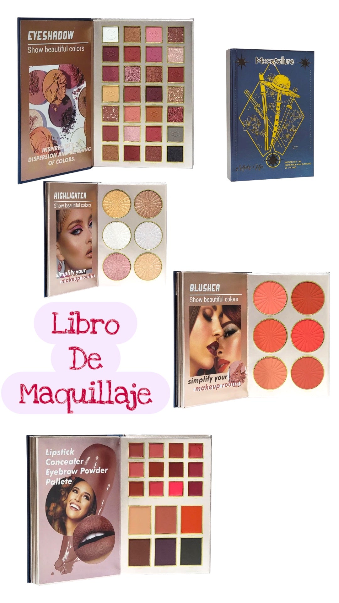 SOMBRA DE OJOS EN PALETA LIBRO DE MAQUILLAJE SOMBRA OJOS, RESALTADOR, BLUSH, POLVO CORRECTOR CEJAS, LABIAL MOC ALLURE 60G
