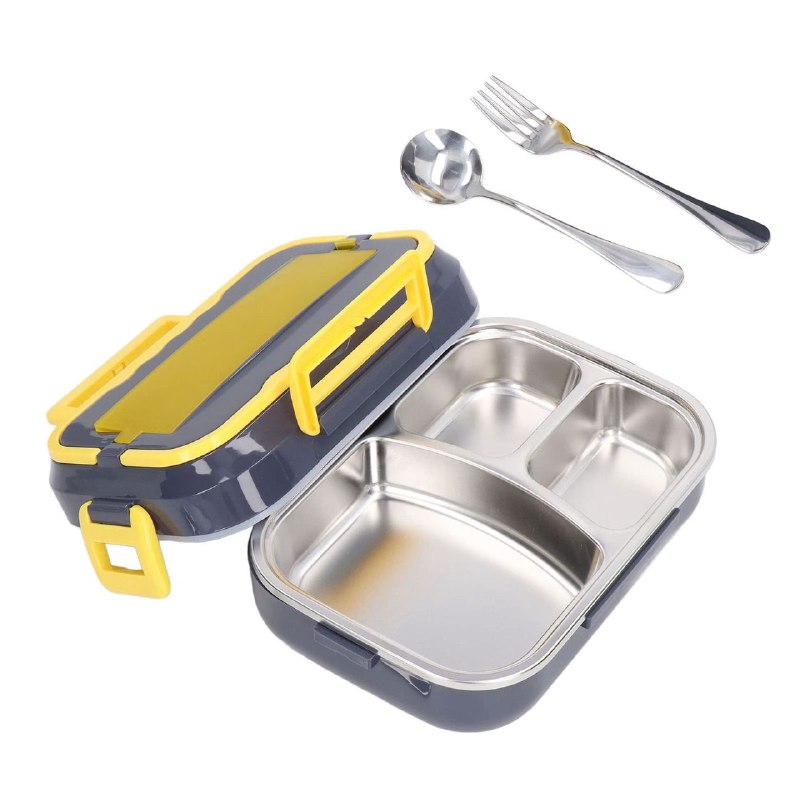 LONCHERA ELECTRICAM PLACA DE 3 REJILLAS DE ACERO INOXIDABLE DE GRADO ALIMENTARIO, CON CUCHARA Y TENEDOR, RESISTENTE AL CALOR, CORRIENTE 110V Y CARGADOR CENIZERO DE AUTO ELECTRIC LUNCH BOX 1.5L