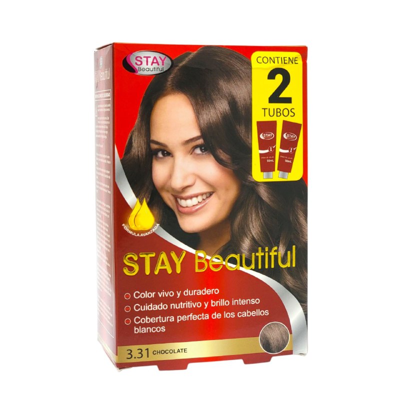 TINTE PARA EL CABELLO COLOR CHOCOLATE 3.31, VIVO Y DURADERO STAY BEUTIFUL 50MLX2