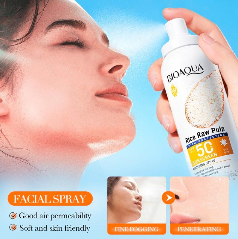PROTECTOR SOLAR EN SPRAY BLANQUEADOR E ILUMINADOR CON PULPA CRUDA DE ARROZ SPF 50 BIOAQUA 150ML