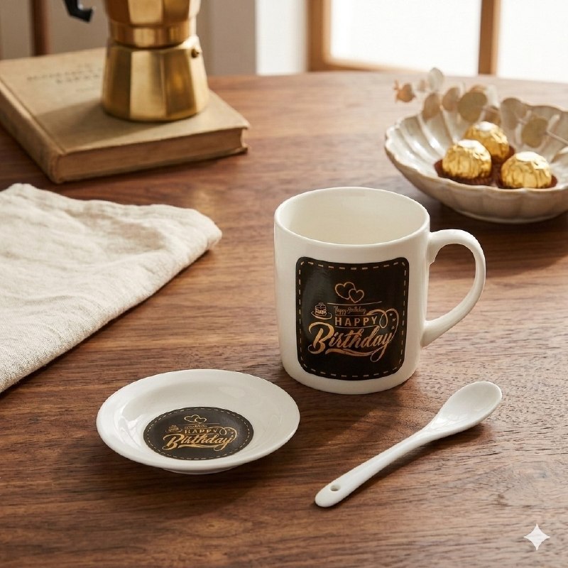 JUEGO DE TAZAS DE CERAMICA PARA REGALO CON PLATO Y CUCHARA ELEGANTES Y RESISTENTES