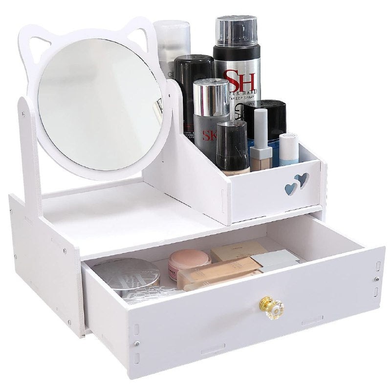 ESTANTE ORGANIZADOR DE MAQUILLAJE O JOYERIA COLOR BLANCO CON ESPEJO DISEÑO DE GATO 29X20X17CM