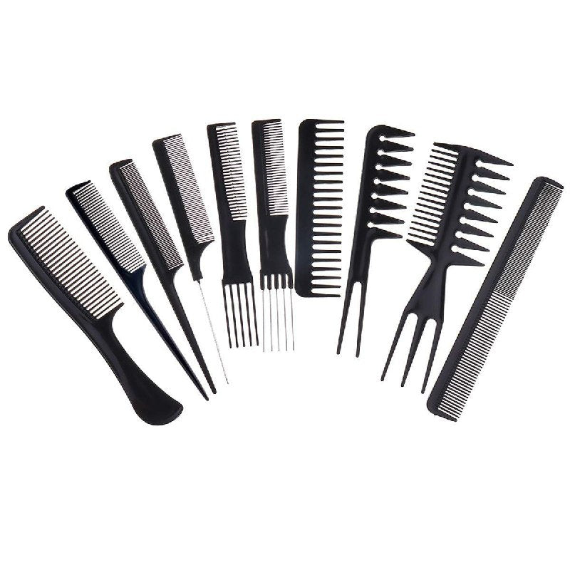 SET DE CEPILLO PEINES DE PELUQUERIA PROFESIONAL DE COLOR NEGRO 10PCS STAY BEAUTIFUL