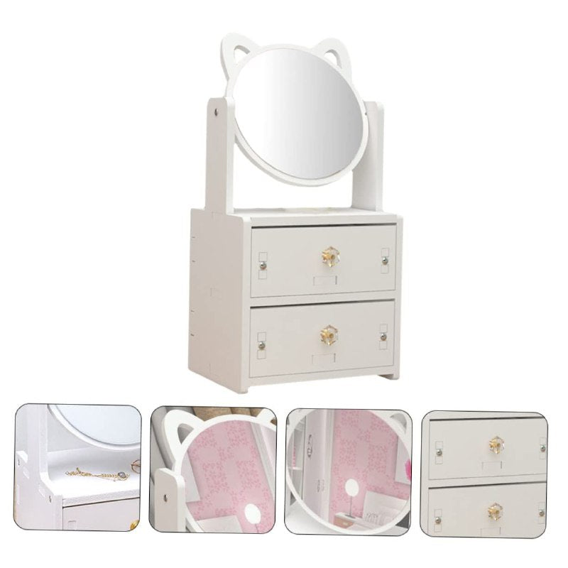 ESTANTE ORGANIZADOR DE MAQUILLAJE O JOYERIA COLOR BLANCO CON ESPEJO DISEÑO DE GATO 16X13X27CM