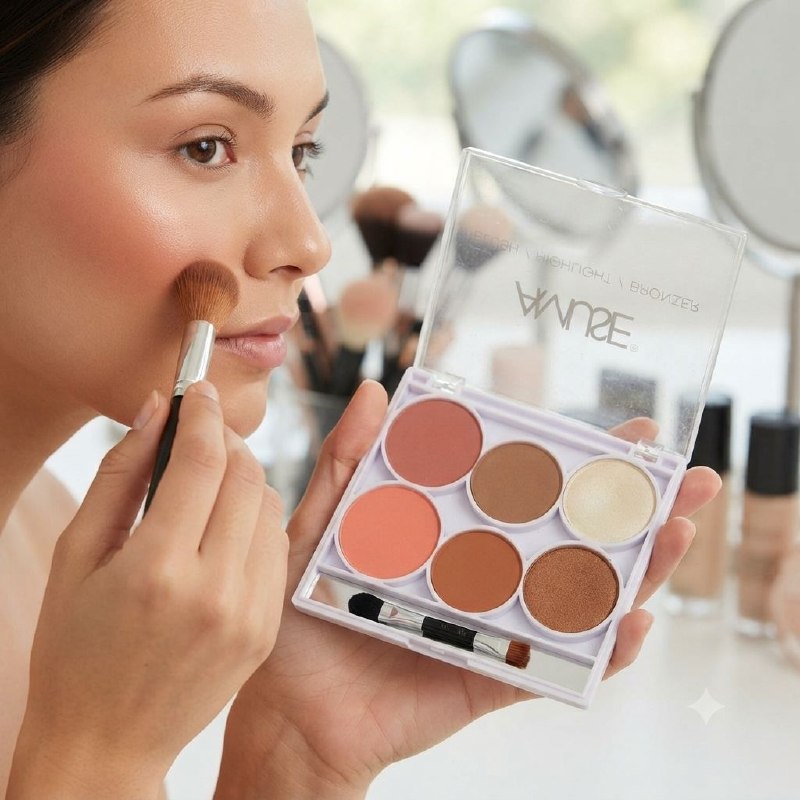 RUBOR EN PALETA 3 EN 1 CON ILUMINADOR Y BRONCEADOR CON APLICADOR DOBLE PUNTA AMUSE COSMETICS 13G