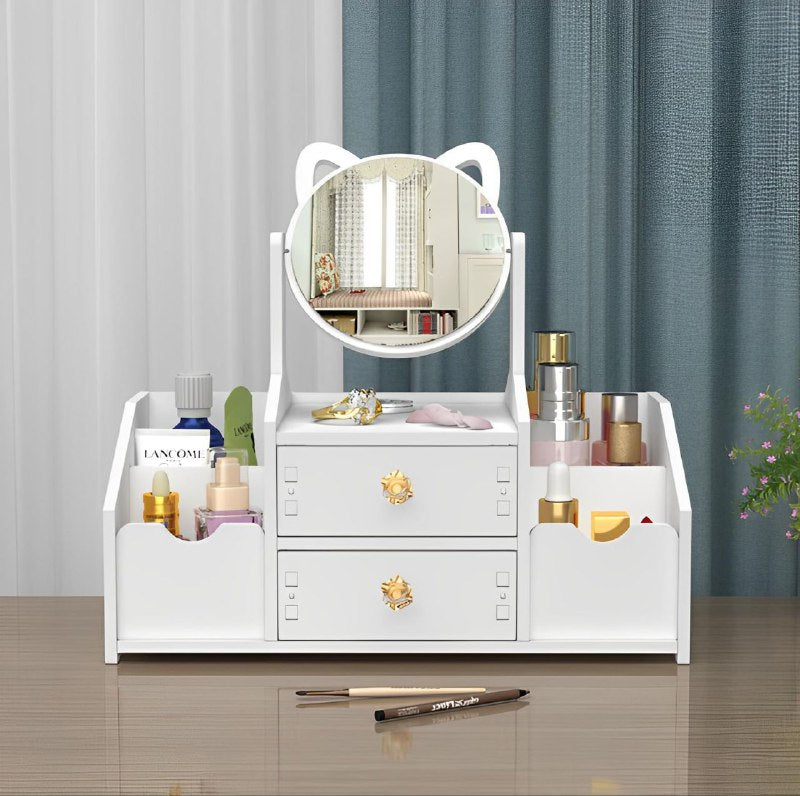 ORGANIZADOR ESTANTE DE COSMETICOS, MAQUILLAJE O JOYERIA COLOR BLANCO CON ESPEJO DE GATO