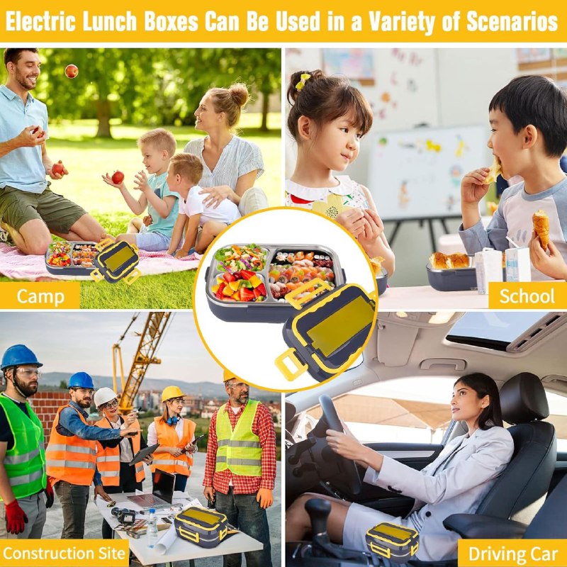 LONCHERA ELECTRICAM PLACA DE 3 REJILLAS DE ACERO INOXIDABLE DE GRADO ALIMENTARIO, CON CUCHARA Y TENEDOR, RESISTENTE AL CALOR, CORRIENTE 110V Y CARGADOR CENIZERO DE AUTO ELECTRIC LUNCH BOX 1.5L