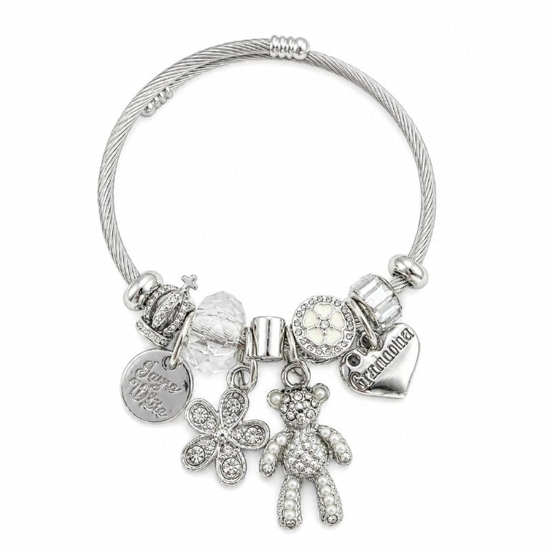 PULSERA DE ENCHAPE PARA DAMA CON DISEÑO DE CORAZON, OSO Y FLOR