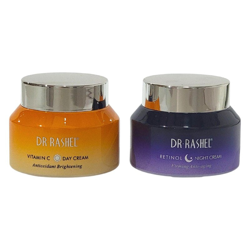 CREMA FACIAL EN SET DE VITAMINA C Y RETINOL HIDRATANTE Y REJUVENECEDOR 50GX2, FORMULA DUAL ACCION QUE ILUMINA Y REVITALIZA LA CARA EN EL DIA Y LA NOCHE DEJANDO LA PIEL SUAVE DR RASHEL