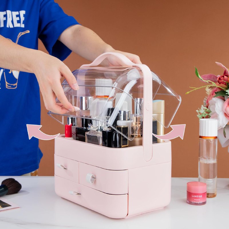ORGANIZADOR ESTANTE DE COSMETICOS, MAQUILLAJE CAJA DE ALMACENAMIENTO CON CUBIERTA LIBRE DE POLVO, MANGO, PORTATIL, TAPA IMPERMEABLE COLOR ROSADO