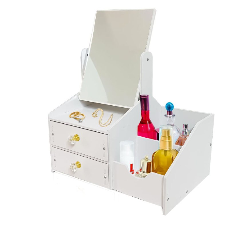 ESTANTE ORGANIZADOR DE COSMETICOS CON ESPEJO Y DOBLE GABETA COLOR BLANCO 34X28X20CM