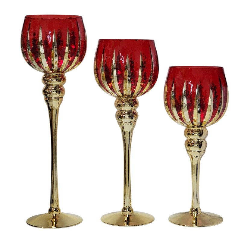 DECORACION CANDELERO EN SET DE 3 PIEZAS DE COPA CON TALLO DE CRISTAL ELEGANTE Y RESISTENTE 39CM, 35CM, 29CM