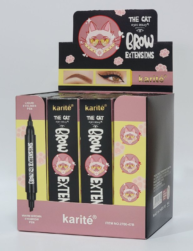 LAPIZ DE CEJAS 2 EN 1, LAPIZ DE CEJAS Y DELINEADOR DE OJOS LIQUIDO KARITE THE CAT 1ML, 2ML