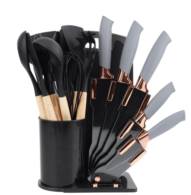 JUEGO DE CUCHILLOS DE COCINA, NEGRO GRIS Y BLANCO UTENSILIOS DE COCINA, CUCHARONES AGARRE COMODO, LIGERO, DURADERO EVRYALTH 18UND