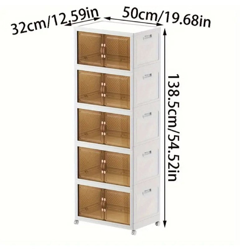 ORGANIZADOR ESTANTE DE ALMACENAMIENTO CON TAPAS, PUERTAS DOBLES CON 4 RUEDAS DESMONTABLES, 5 CAJAS DE ALMACENAMIENTO DE PLASTICO COLOR BLANCO