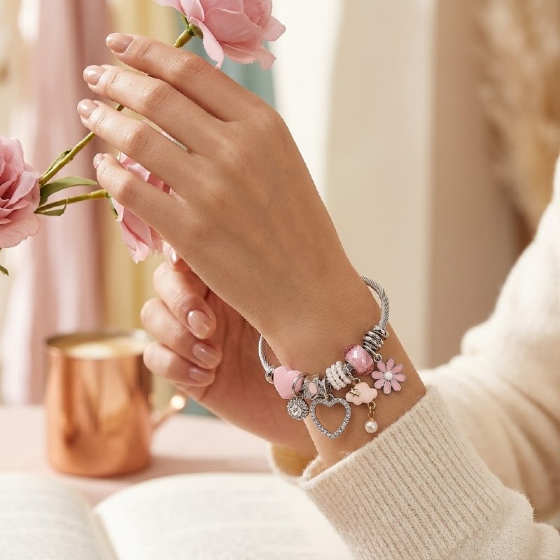 PULSERA DE ENCHAPE PARA DAMA CON DISEÑO DE CORZON, NUBE Y FLOR  6CM