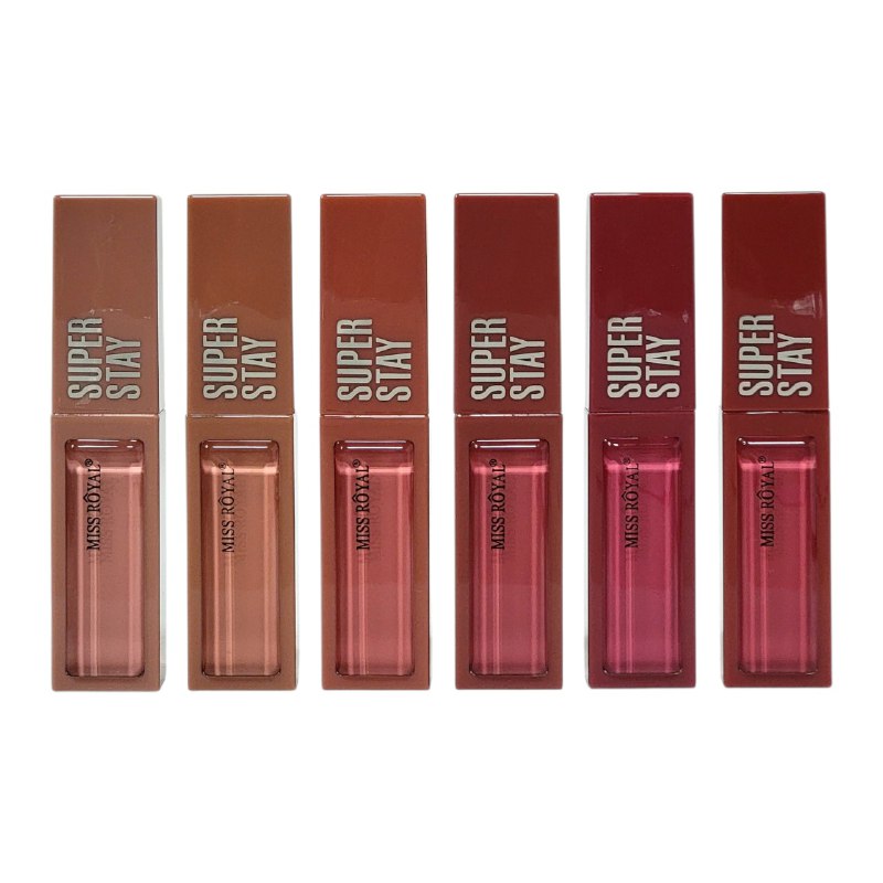 BRILLO LABIAL DUPE DE MAYBELLINE, ESMALTE DE LABIOS MATTE ENCANTADOR EN SET DE 6 PIEZAS MISS ROYAL 10G