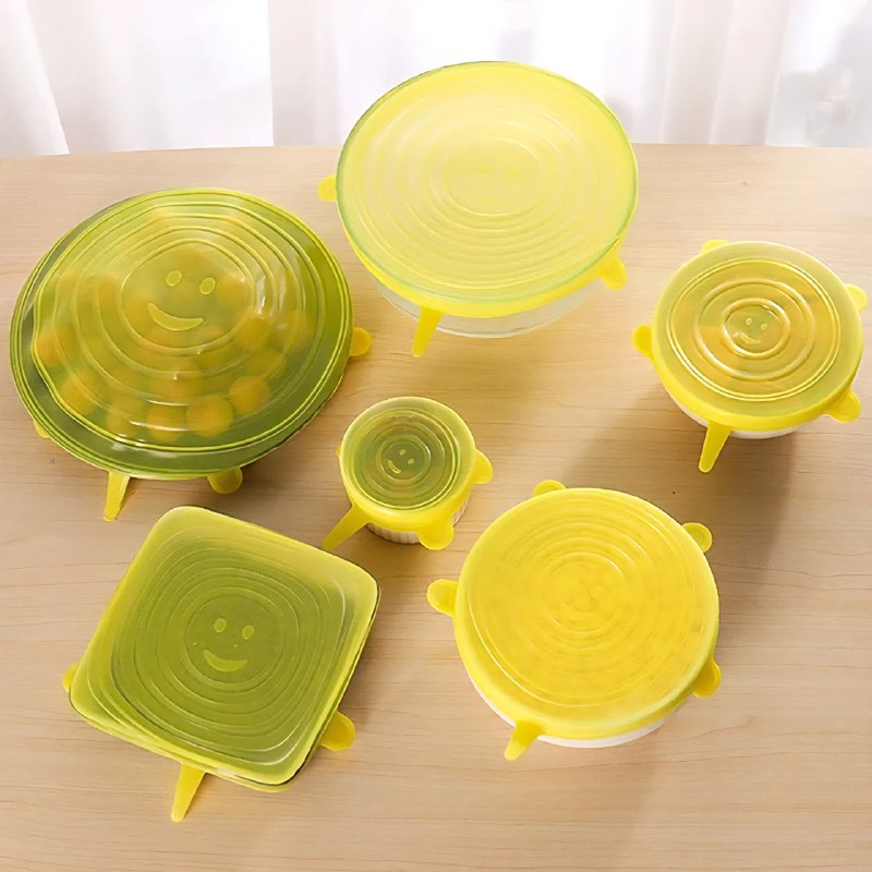 TAPADERAS DE SILICONA EN SET DE 6 PIEZAS REUTILIZABLES, SE ADAPTAN A CUALQUIER RECIPIENTE Y LO SELLAN PERFECTAMENTE 4 COLORES