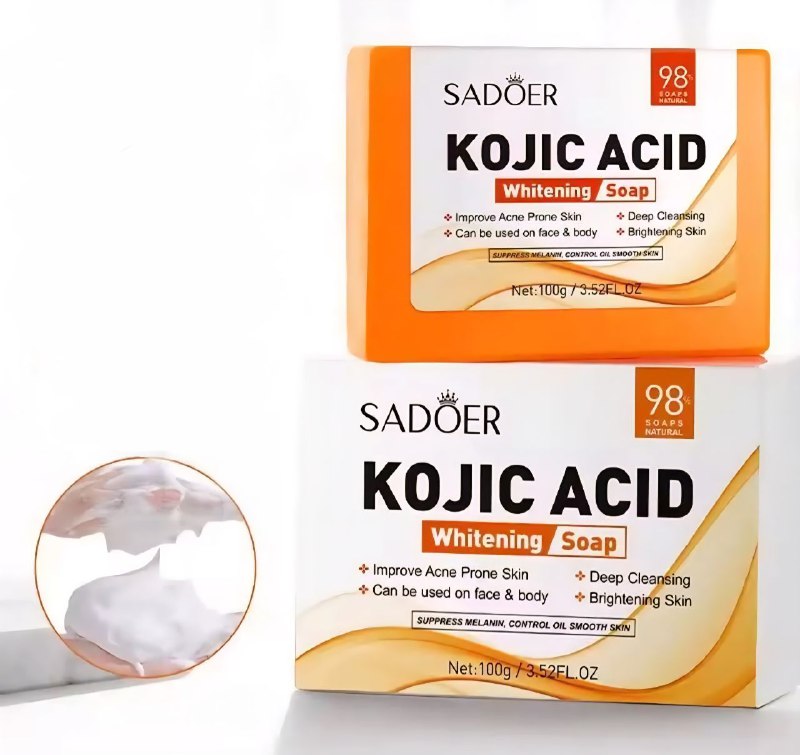JABON CORPORAL EN BARRA AROMATICO DE ACIDO KOJICO, BLANQUEA PROFUNDAMENTE LA PIEL, LIMPIA Y REFRESCA DE IMPUREZAS, CONTROLA LA GRASA E ILUMINA SADOER 100G