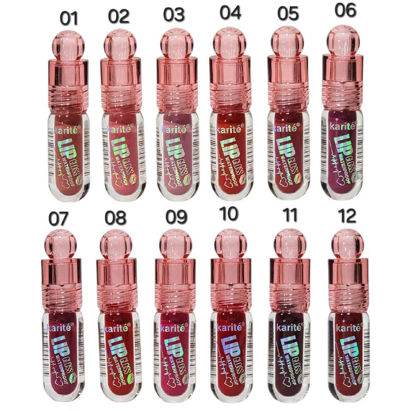 BRILLO LABIAL KARITE LIP GLOSS IMPERMEABLE, NO PEGAJOSO, ALTA PIGMENTACION, 12 TONOS 3ML (DUPE DE RARE BEAUTY)