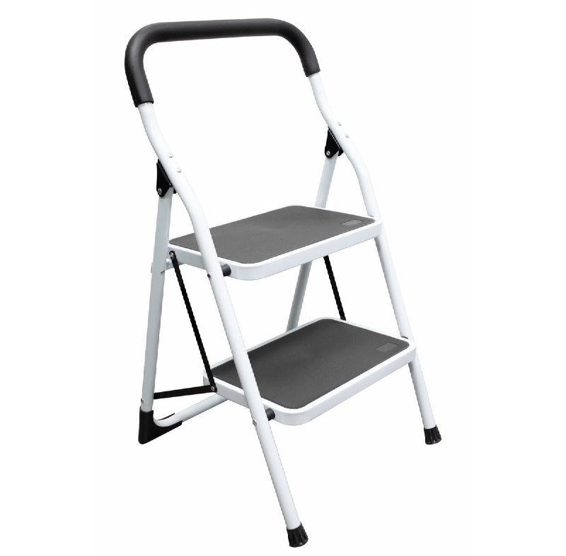 ESCALERA PLEGABLE DE 2 NIVELES, USO FAMILIAR, CUBIERTA ACOLCHADA DE GOMA DE ALTA CALIDAD, COMODA Y DURADERA, TUBOS DE ACERO, Y SUPERFICIE ANTIDESLIZANTE