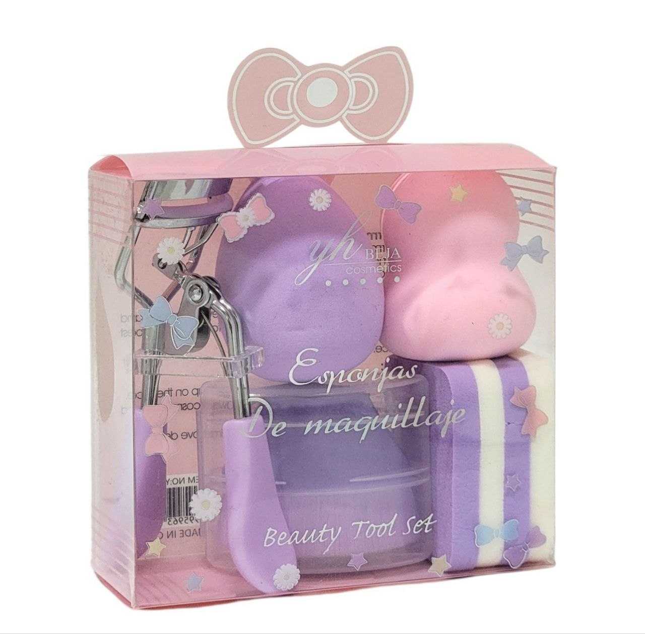 SET DE HERRAMIENTAS DE BELLEZA RIZADOR DE PESTAÑAS ESPONJAS TIPO BEAUTY BLENDER Y BORLAS YH BEJA COSMETICS