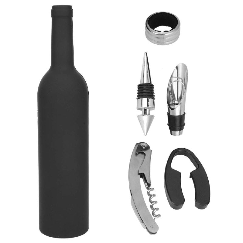 HERRAMIENTAS SACA CORCHO , ABRIDOR DE VINOS DE 5 PIEZAS, ESTUCHE DE TRANSPORTE CON FORMA DE BOTELLA 32X10CM