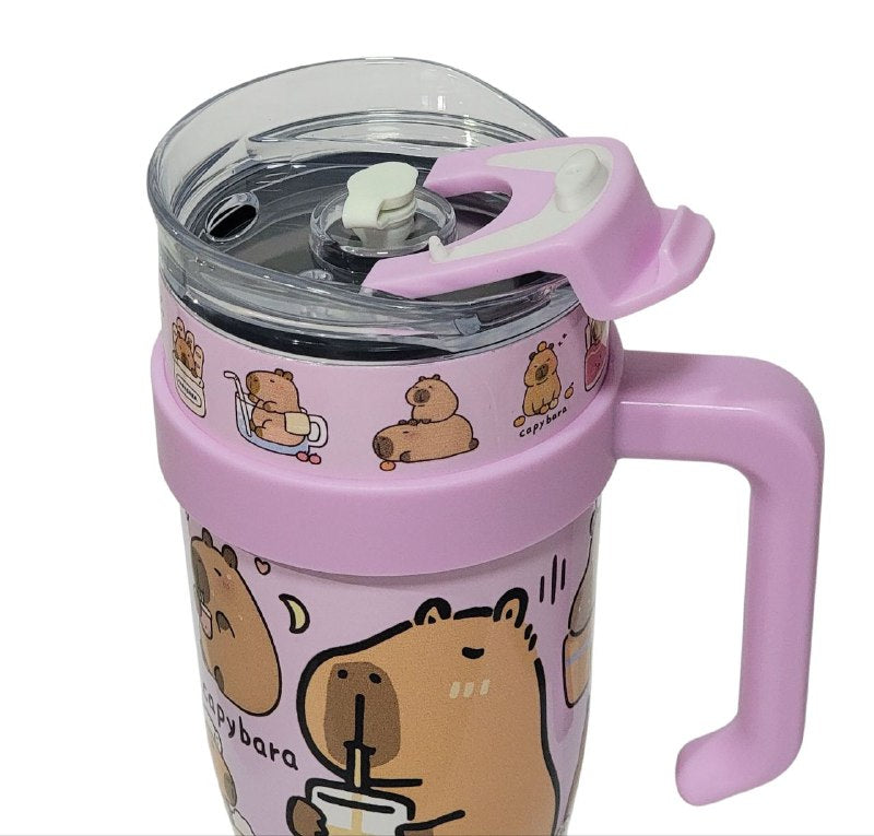VASO TERMO DE ACERO INOXIDABLE CON ASA DISEÑO DE CAPIBARA,CAPYBARA CON SORBETE Y MUCHO ESTILO 1200ML
