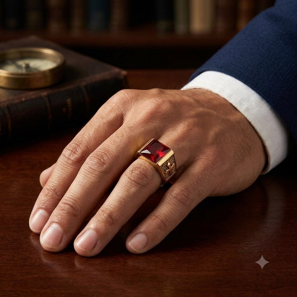 ANILLO DE ENCHAPE PARA CABALLERO CON DISEÑO PIEDRA ROJA