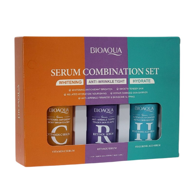 SUERO FACIAL EN SET QUE COMBINA HIDRATACION, ANTIEDAD Y BLANQUEAMIENTO DE LA PIEL 30MLX3, PARA UNA PIEL RADIANTE SUERO CON ACIDO HIALURONICO, SUERO ANTIARRUGAS CON RETINOL, SUERO BLANQUEADOR ANTIOXIDANTE DE VITAMINA C BIOAQUA