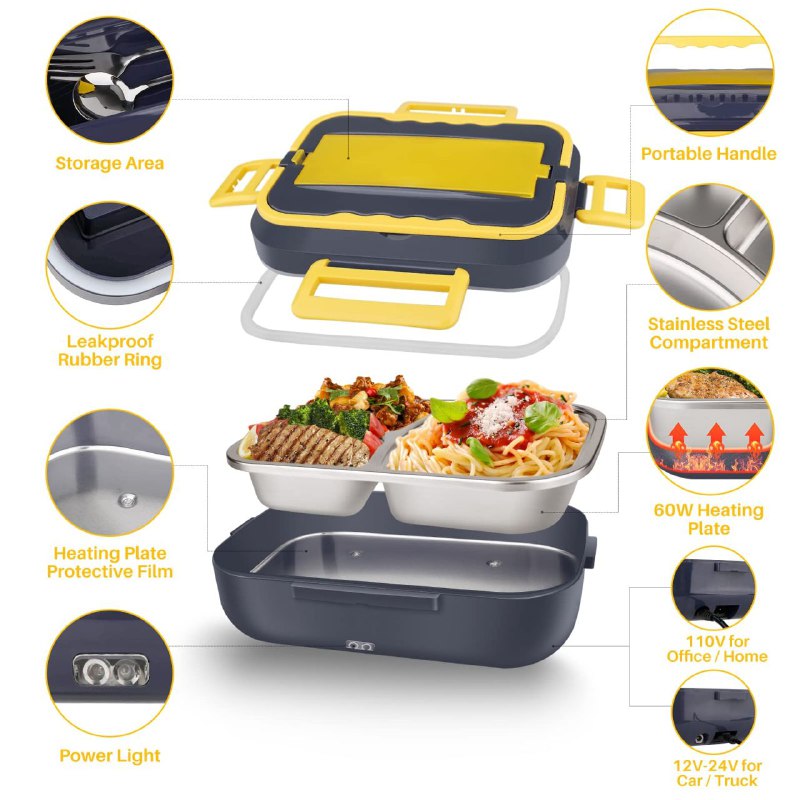 LONCHERA ELECTRICAM PLACA DE 3 REJILLAS DE ACERO INOXIDABLE DE GRADO ALIMENTARIO, CON CUCHARA Y TENEDOR, RESISTENTE AL CALOR, CORRIENTE 110V Y CARGADOR CENIZERO DE AUTO ELECTRIC LUNCH BOX 1.5L