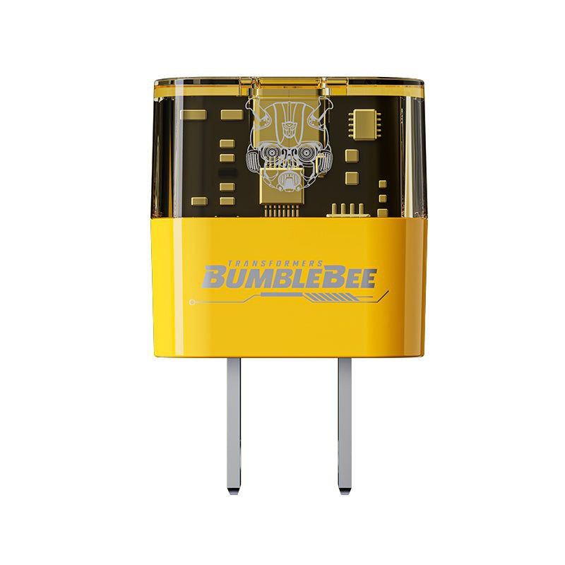 CARGADOR RAPIDO, CUBO DE CARGA RAPIDA DE 20W, SOBLE PUERTO USBC Y USB A, TRANSPARENTE, CHIP INTELIGENTE, NO INCLUYE CABLE, TRANSFORMERS BUMBLEBEE EXPLORE