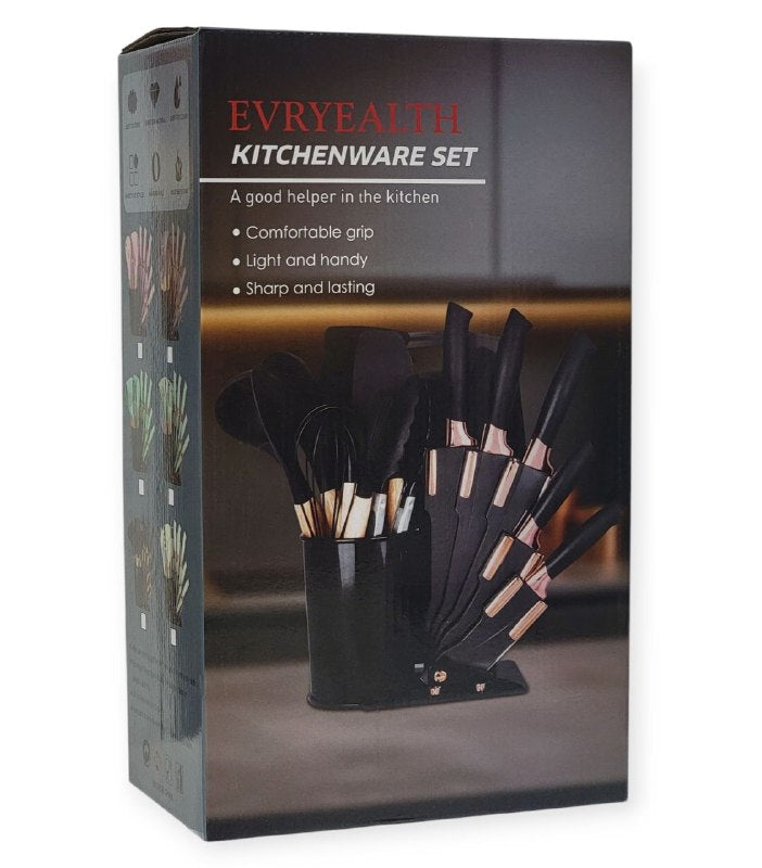 JUEGO DE CUCHILLOS DE COCINA, NEGRO GRIS Y BLANCO UTENSILIOS DE COCINA, CUCHARONES AGARRE COMODO, LIGERO, DURADERO EVRYALTH 18UND