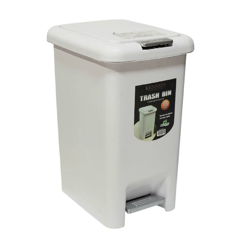 BASURERO CESTA PARA BASURA DE PLASTICO CON TAPA Y PEDAL COLOR BLANCO DE 15LBS KENNEDY TRASH BIN 22X32X40CM