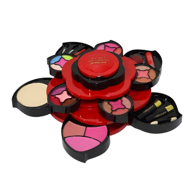 SET DE MAQUILLAJE EN FORMA DE FLOR, RUBOR, LABIALES, POLVO, ESPONJA Y MINI BROCHAS 9X20CM KISS BEAUTY