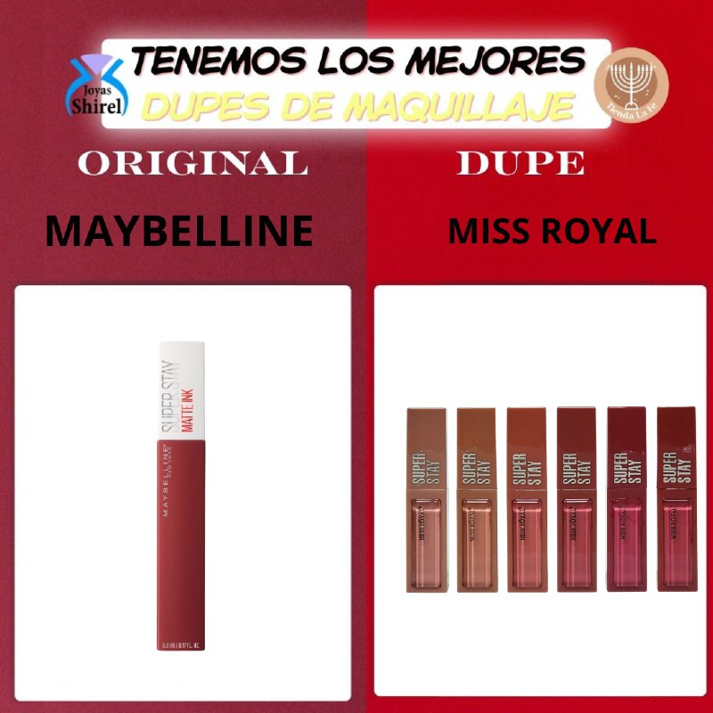 BRILLO LABIAL DUPE DE MAYBELLINE, ESMALTE DE LABIOS MATTE ENCANTADOR EN SET DE 6 PIEZAS MISS ROYAL 10G