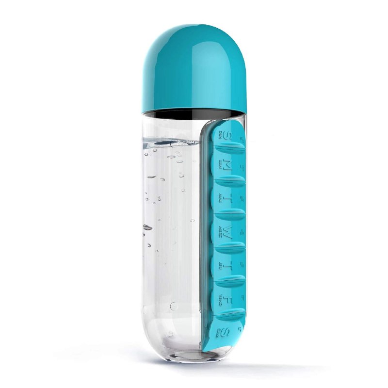 BOTE PARA AGUA 2 EN 1 CON ORGANIZADOR DE PASTILLAS 7 DIAS, VARIOS COLORES
