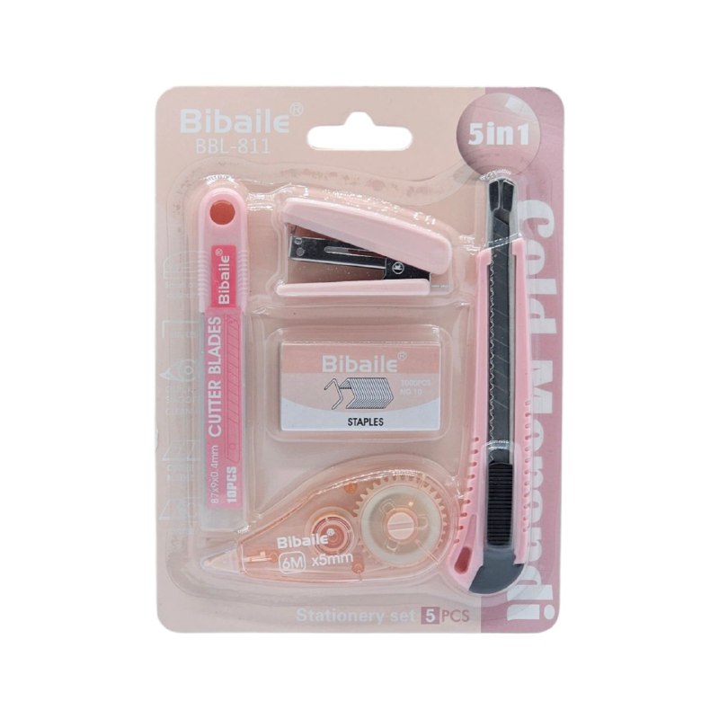 SET DE UTILES DE PAPELERIA PARA NIÑOS 5 EN 1, GRAPADORA, GRAPAS, CORRECTOR, CUTER REPUESTOS BIBAILE BBL-811