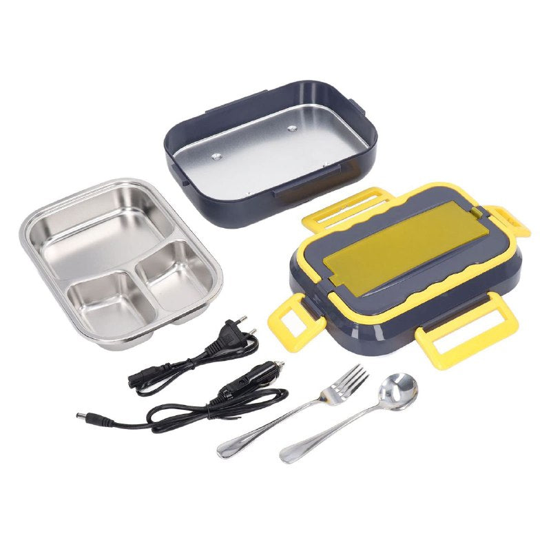 LONCHERA ELECTRICAM PLACA DE 3 REJILLAS DE ACERO INOXIDABLE DE GRADO ALIMENTARIO, CON CUCHARA Y TENEDOR, RESISTENTE AL CALOR, CORRIENTE 110V Y CARGADOR CENIZERO DE AUTO ELECTRIC LUNCH BOX 1.5L