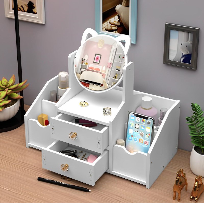 ORGANIZADOR ESTANTE DE COSMETICOS, MAQUILLAJE O JOYERIA COLOR BLANCO CON ESPEJO DE GATO