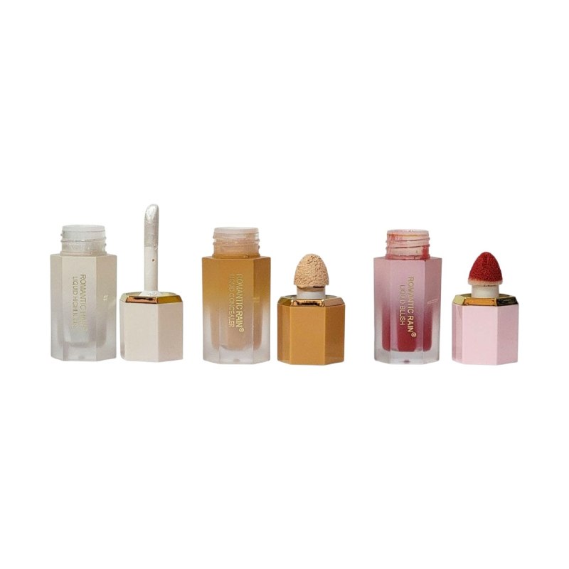 SET DE MAQUILLAJE LIQUIDO DE RUBOR, CORRECTOR E ILUMINADOR ROMANTIC RAIN 6PCS (DUPE SHEGLAM)