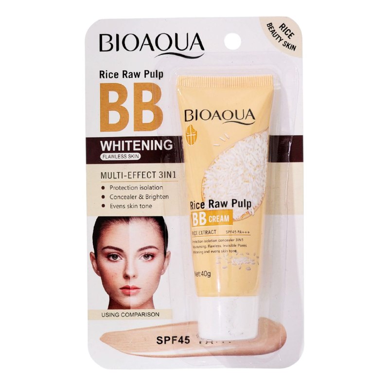BASE DE MAQUILLAJE DE PULPA CRUDA DE ARROZ, CREMA CON COLOR MULTIEFECTO 3 EN 1, PROTECTOR, CORRECTOR E ILUMINADOR, UNIFICADOR SPF45PA TONO #1 IVORY BIOAQUA 40G