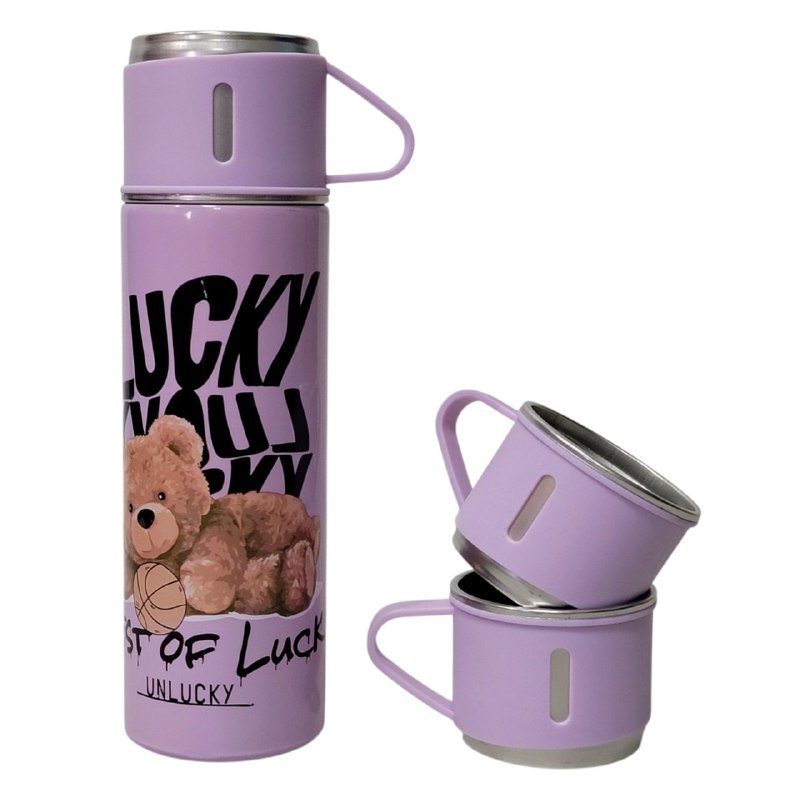 SET DE TERMO CON TAZAS DE ACERO INOXIDABLE 3 PIEZAS VACUUM FLASK 500ML 5 ESTILOS