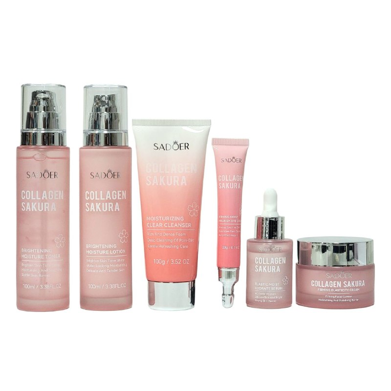 SET DE CUIDADO FACIAL REAFIRMANTE E ILUMINADOR CON EXTRACTO DE SAKURA Y COLAGENO 6PCS SADOER