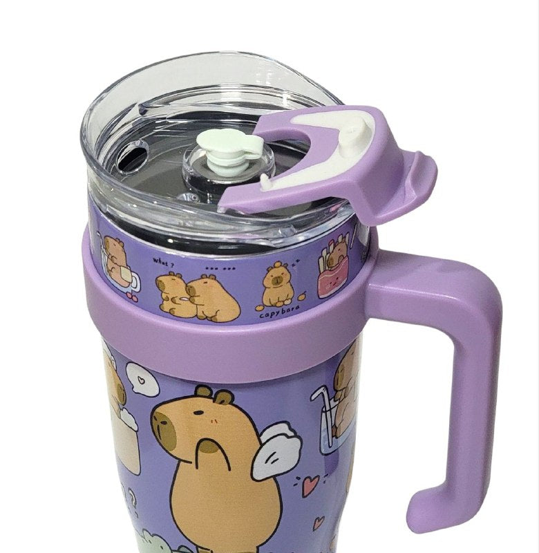 VASO TERMO DE ACERO INOXIDABLE CON ASA DISEÑO DE CAPIBARA,CAPYBARA CON SORBETE Y MUCHO ESTILO 1200ML