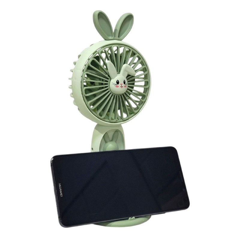 VENTILADOR DE MANO O MESA RECARGABLE CON LUZ LED Y SOPORTE PARA CELULAR CARTOON FAN 3 COLORES