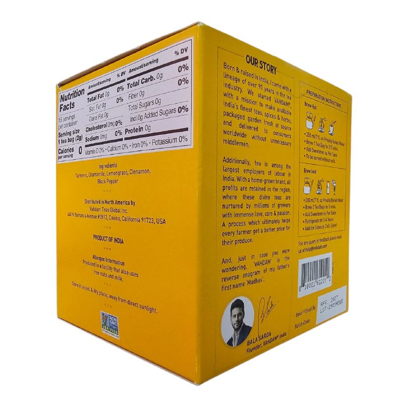 TE DE CURCUMA Y MANZANILLA SIN CAFEINA IDEAL PARA RELAJARSE Y CALMARSE VAHDAM 15UND