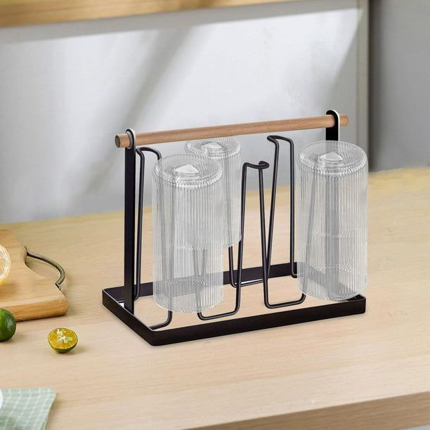 ESTANTE ORGANIZADOR Y ESCURRIDOR DE COCINA DE METAL PARA BOTELLAS O TAZAS CON MANGOP DE MADERA, DISEÑO VERSATIL 18.5X13.5X23.2CM