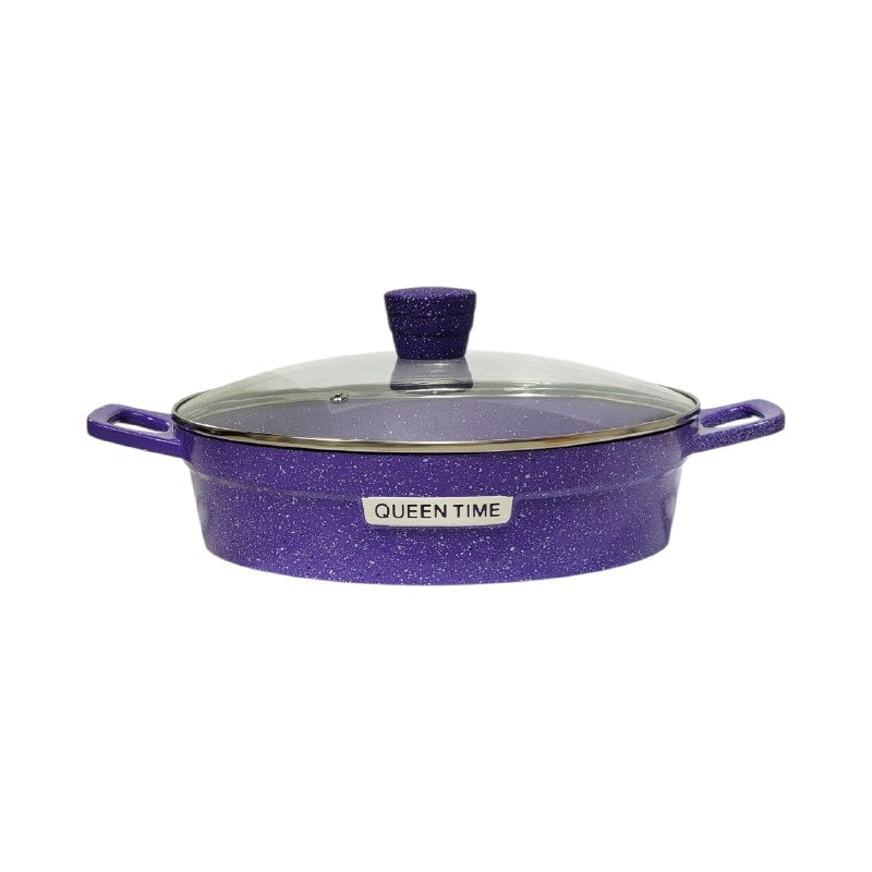 JUEGO DE COCINA, OLLAS DE COCINA DE 5 PIEZAS, CON ACABADO MORADO CON EFECTO GRANITO ELEGANTE Y TAPAS DE VIDRIO TEMPLADO QUEEN TIME